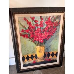 Home Interiors Huge Still Life Oil Painting Flowers & Vase Joan Cole Signed